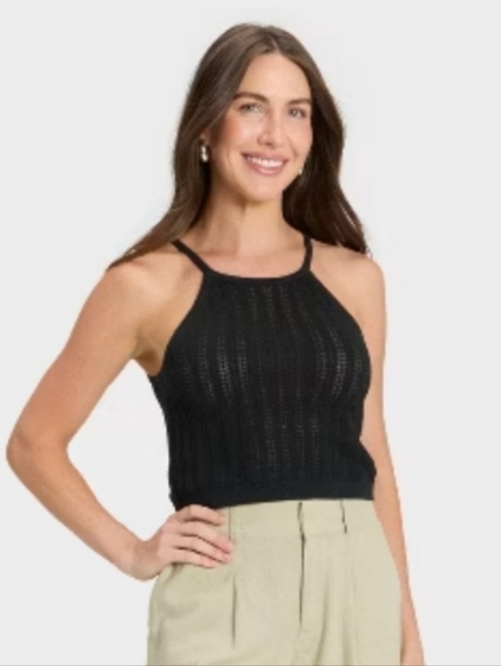 🌿🍒 NWT A New Day women's black pointelle knit halter crop top Size Medium 🍒🌿